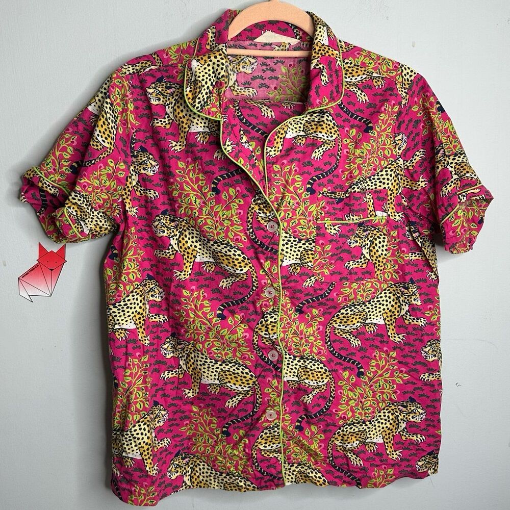 Print Fresh Pink Leopard Print Pajama Set Button Up Short Sleeve Shorts Med
